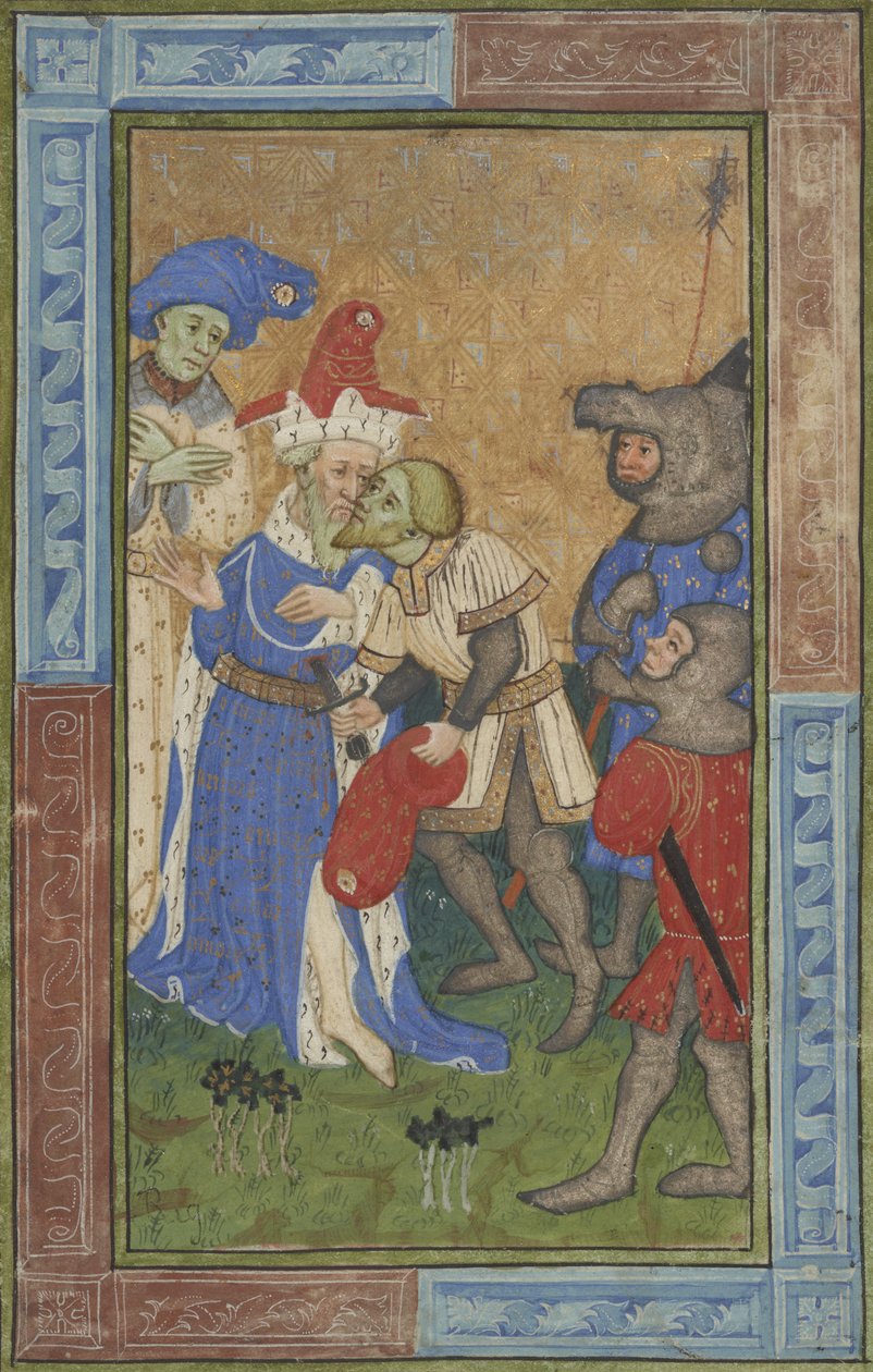 Scena zabójstwa Ms B.11.7, ok. 1420 (tempera, srebrna i złota farba na pergaminie) autorstwa Master of Trinity College