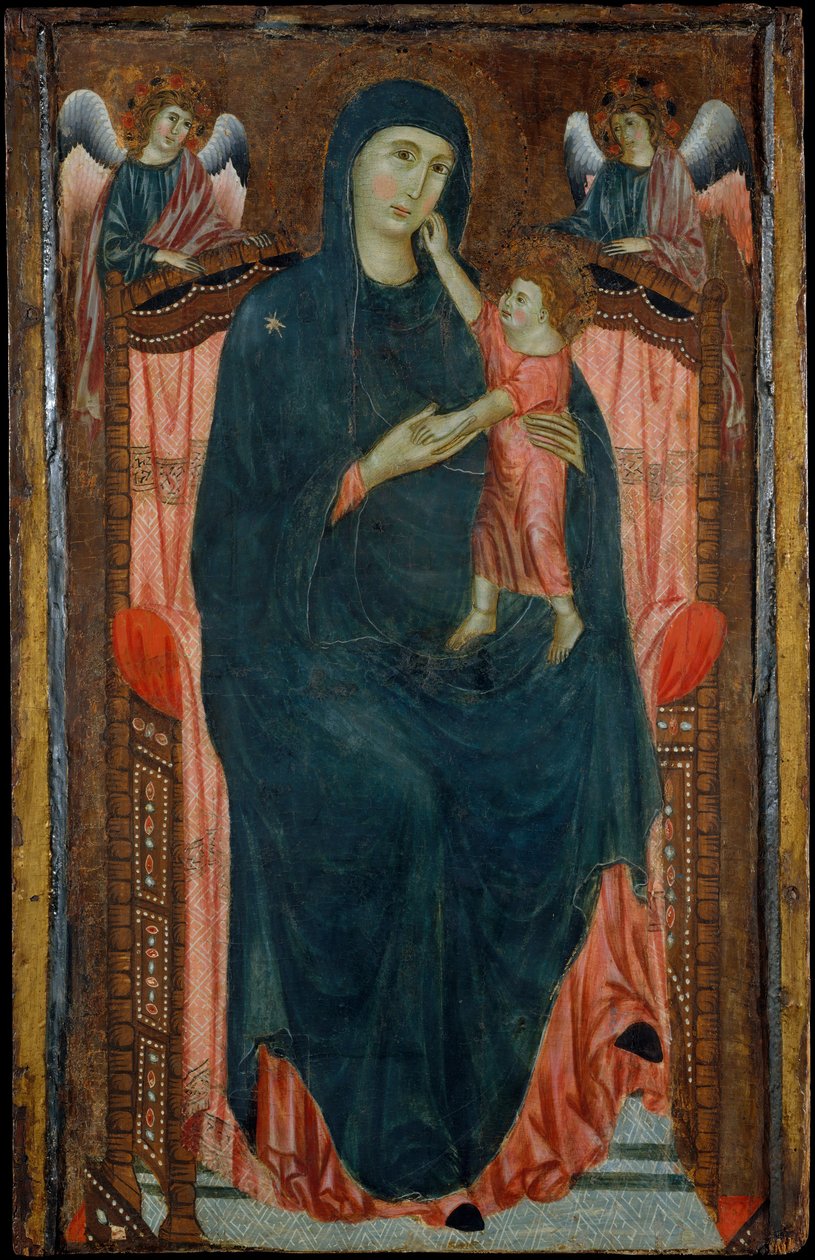 Madonna z Dzieciątkiem na tronie z aniołami. autorstwa Master of Varlungo