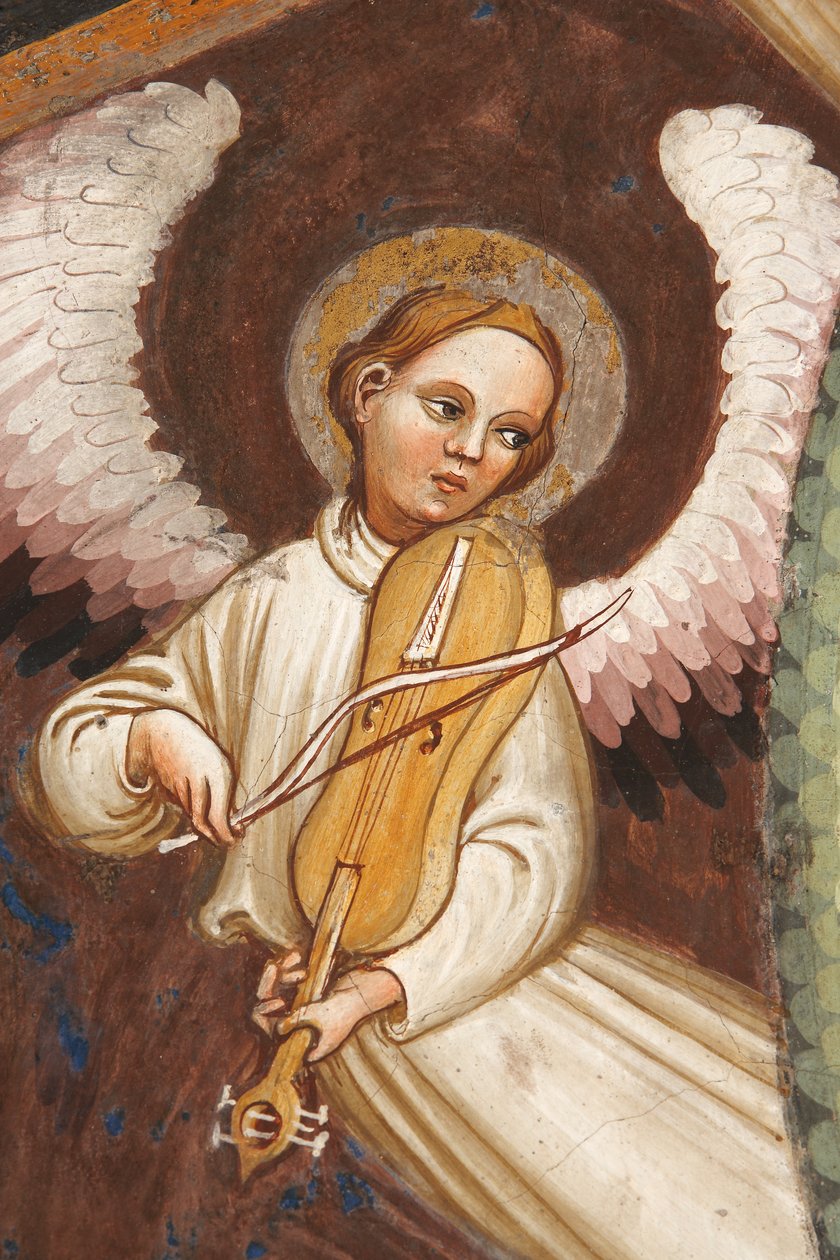 „Wniebowzięcie Najświętszej Maryi Panny” i „Matka Boża zrzucająca pas lub Święty Pas do św. Tomasza”, Fragment anioła grającego muzykę i skrzypce, ok. 1420 (fresk) autorstwa Master of Vignola
