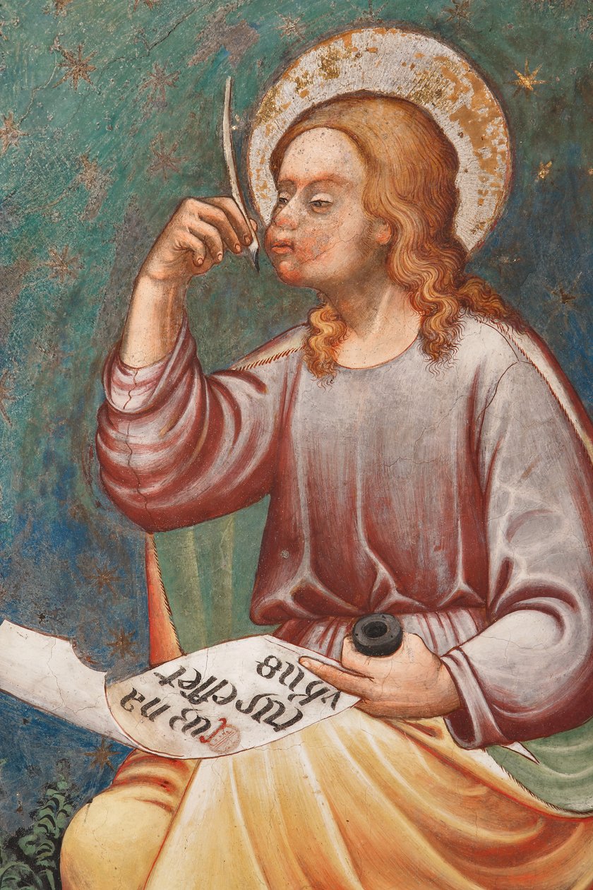 "Św. Mateusz Ewangelista" piszący "Kiedy narodził się Jezus", ok. 1420 (fresk) Szczegół, ok. 1420 (fresk) autorstwa Master of Vignola