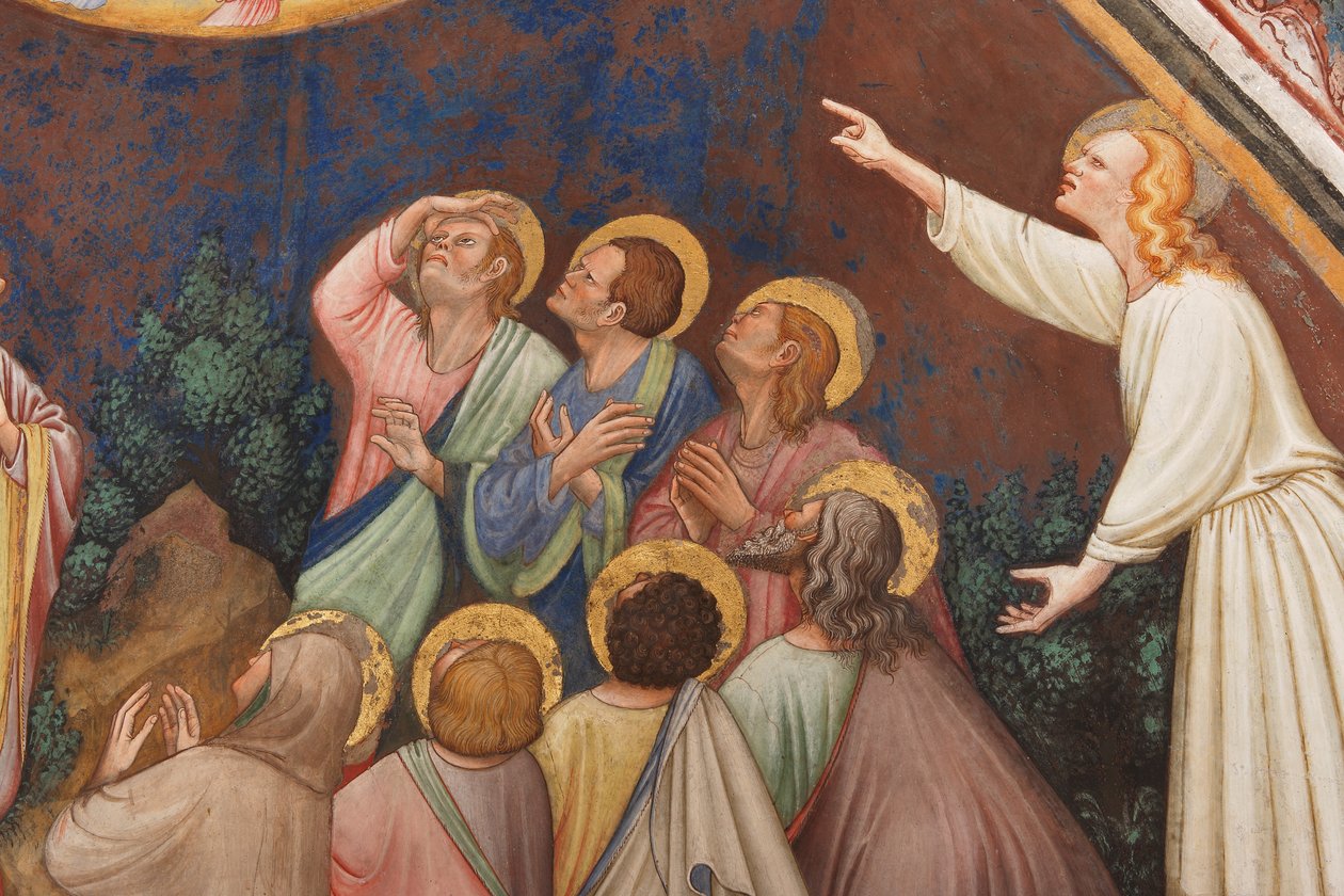 "Wniebowstąpienie Chrystusa", Detal z postaciami męskimi i świętymi, ok. 1420 (fresk) autorstwa Master of Vignola