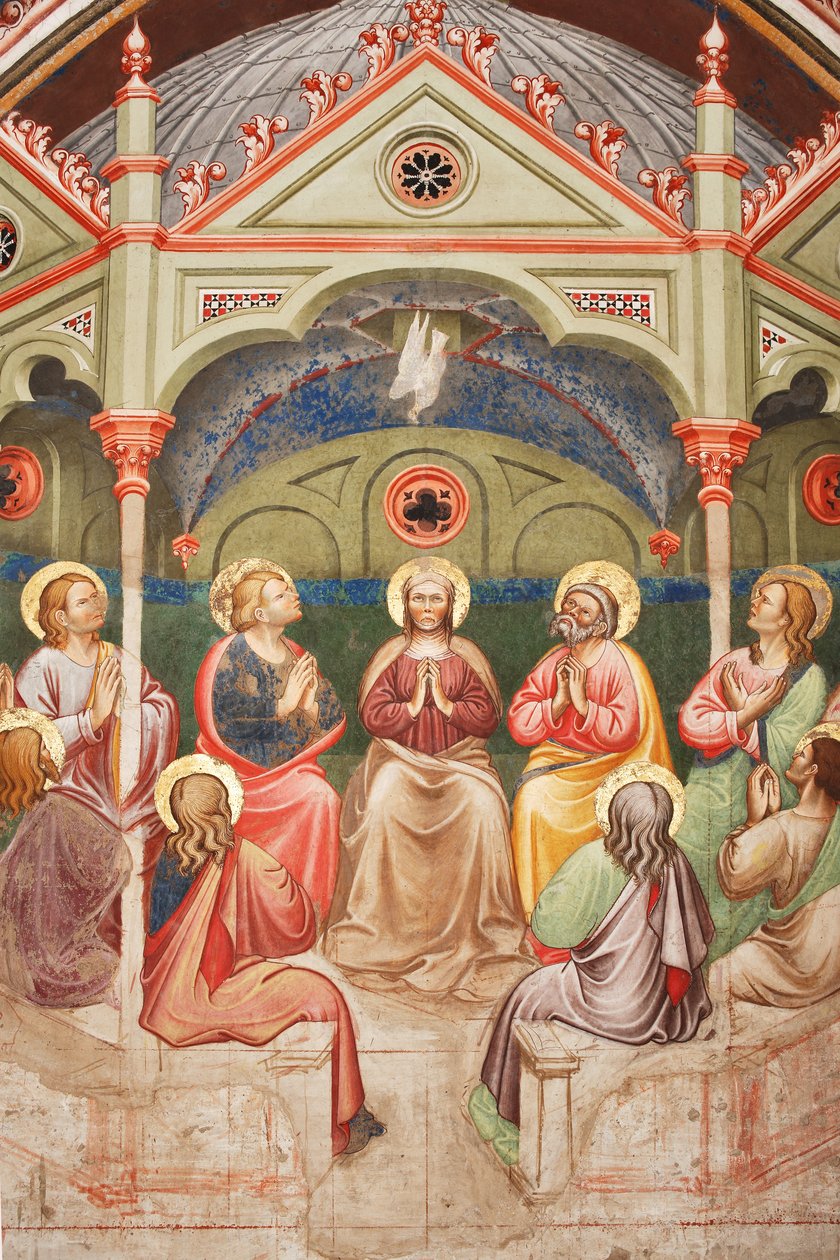 "Zielone Świątki", Detal z modlącymi się świętymi i Dziewicą Maryją oraz gołębica, ok. 1420 (fresk) autorstwa Master of Vignola