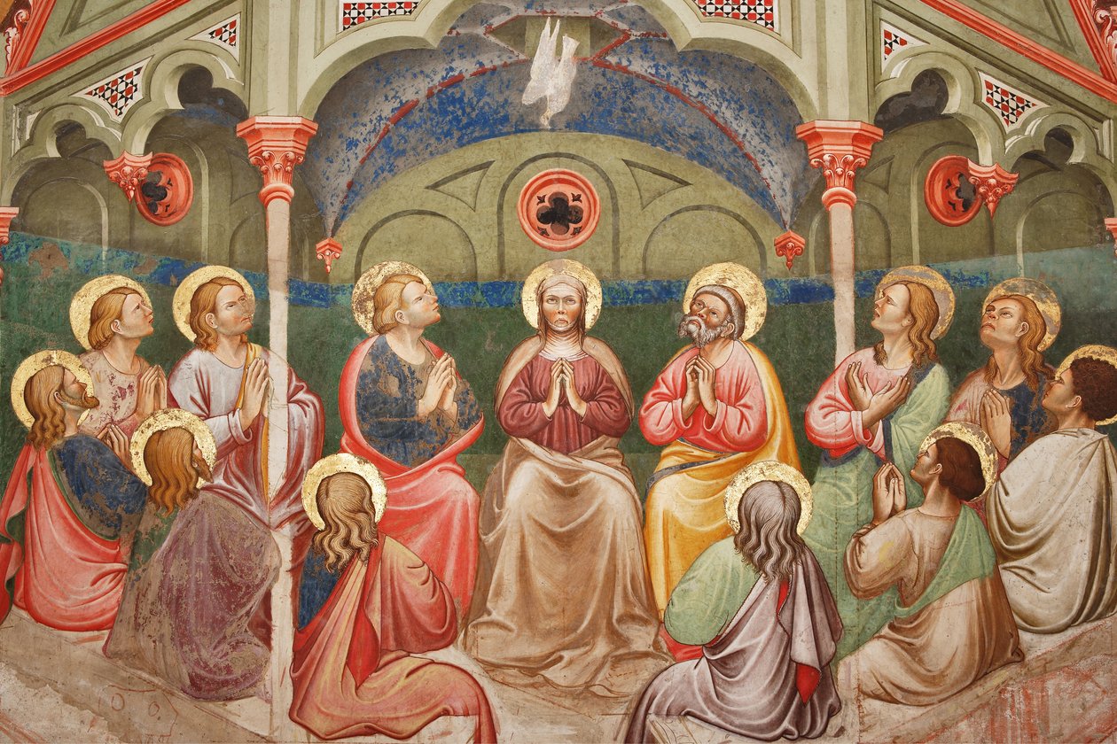 "Zielone Świątki", Detal z modlącymi się świętymi i Dziewicą Maryją oraz gołębica, ok. 1420 (fresk) autorstwa Master of Vignola
