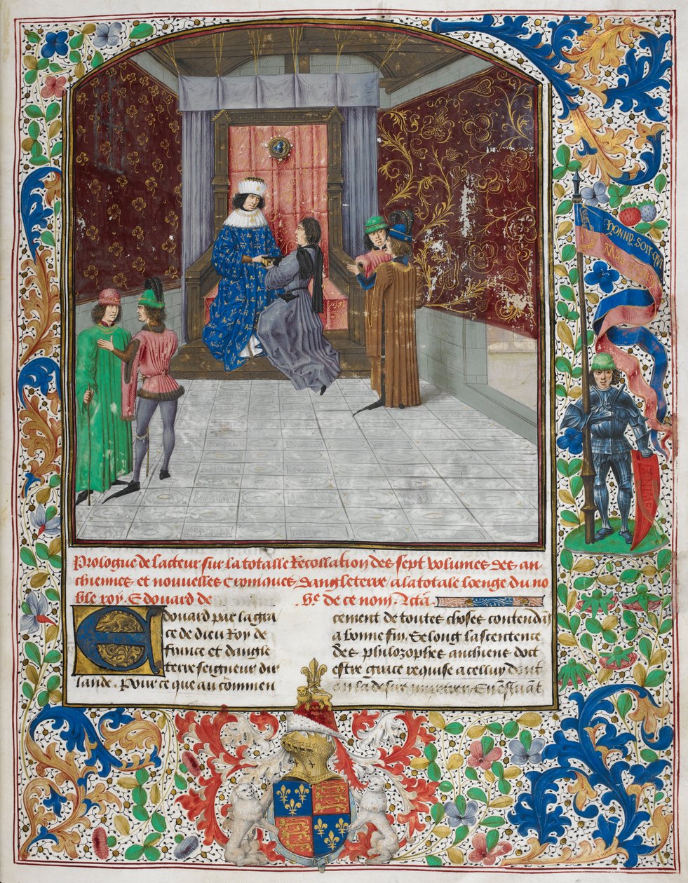 Edward IV na tronie, noszący order Złotego Runa, otrzymując księgę od Jeana Wavrina z „Chroniques d