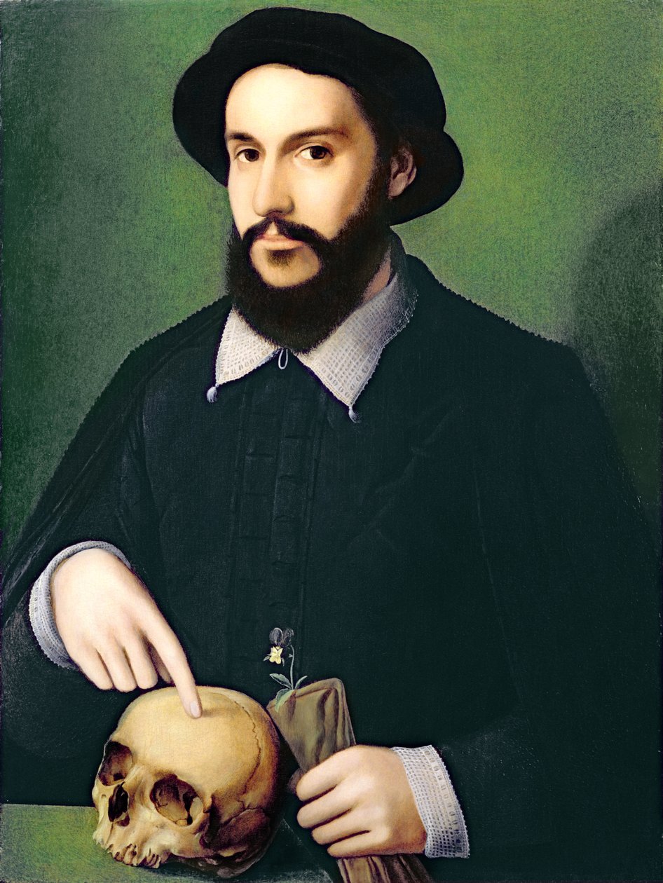Portret dżentelmena z prawą ręką wskazującą na czaszkę, ok. 1540 autorstwa Master of the 1540s