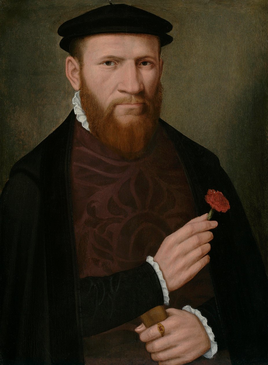 Portret mężczyzny z prawą ręką trzymającego czerwonego goździka i w lewej rękawiczce, 1540-51 autorstwa Master of the 1540s