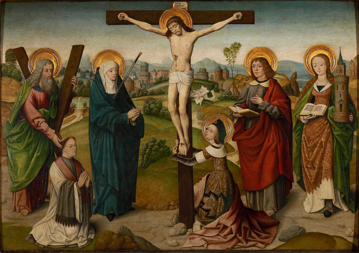 Ukrzyżowanie ze świętymi i darczyńcami, c.1490-1495. autorstwa Master of the Aachen Cabinet Doors