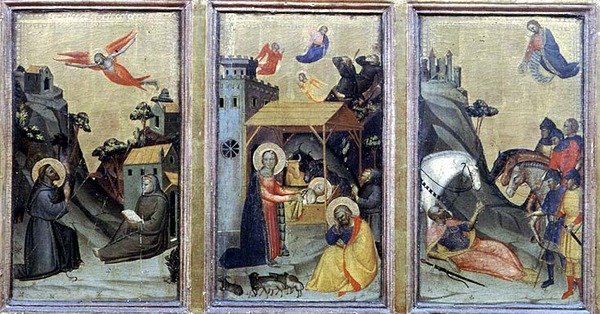 Stygmaty św. Franciszka, Narodzenie i nawrócenie św. Pawła (tempera na panelu) autorstwa Master of the Accademia Misericordia
