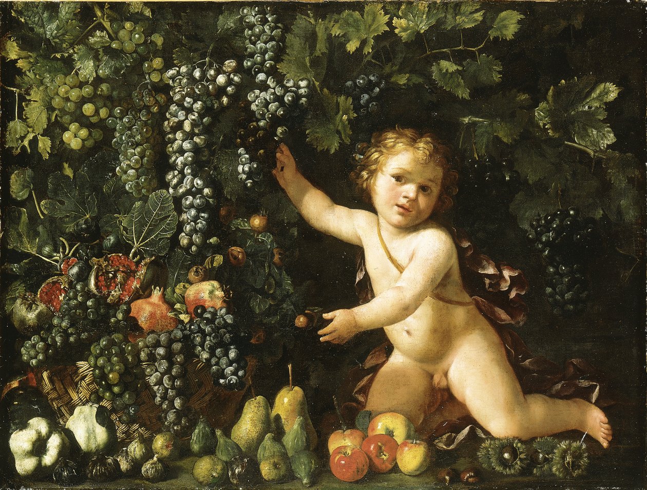 Winogrona na winorośli, granaty, winogrona i owoce dzikiej róży w koszyku, z figami, jabłkami, gruszkami i kasztanami przy putto autorstwa Master of the Acquavella Still Life