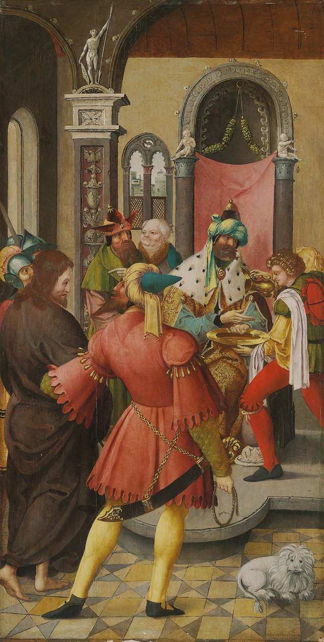 Skrzydło ołtarza: Chrystus przed Piłatem autorstwa Master of the Antwerp Adoration