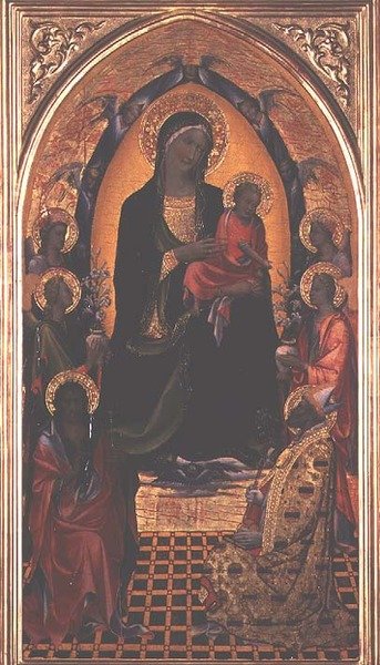 Madonna z Dzieciątkiem i św. Janem Chrzcicielem oraz św. Mikołajem z Myry (tempera na płycie) autorstwa Master of the Bambino Vispo