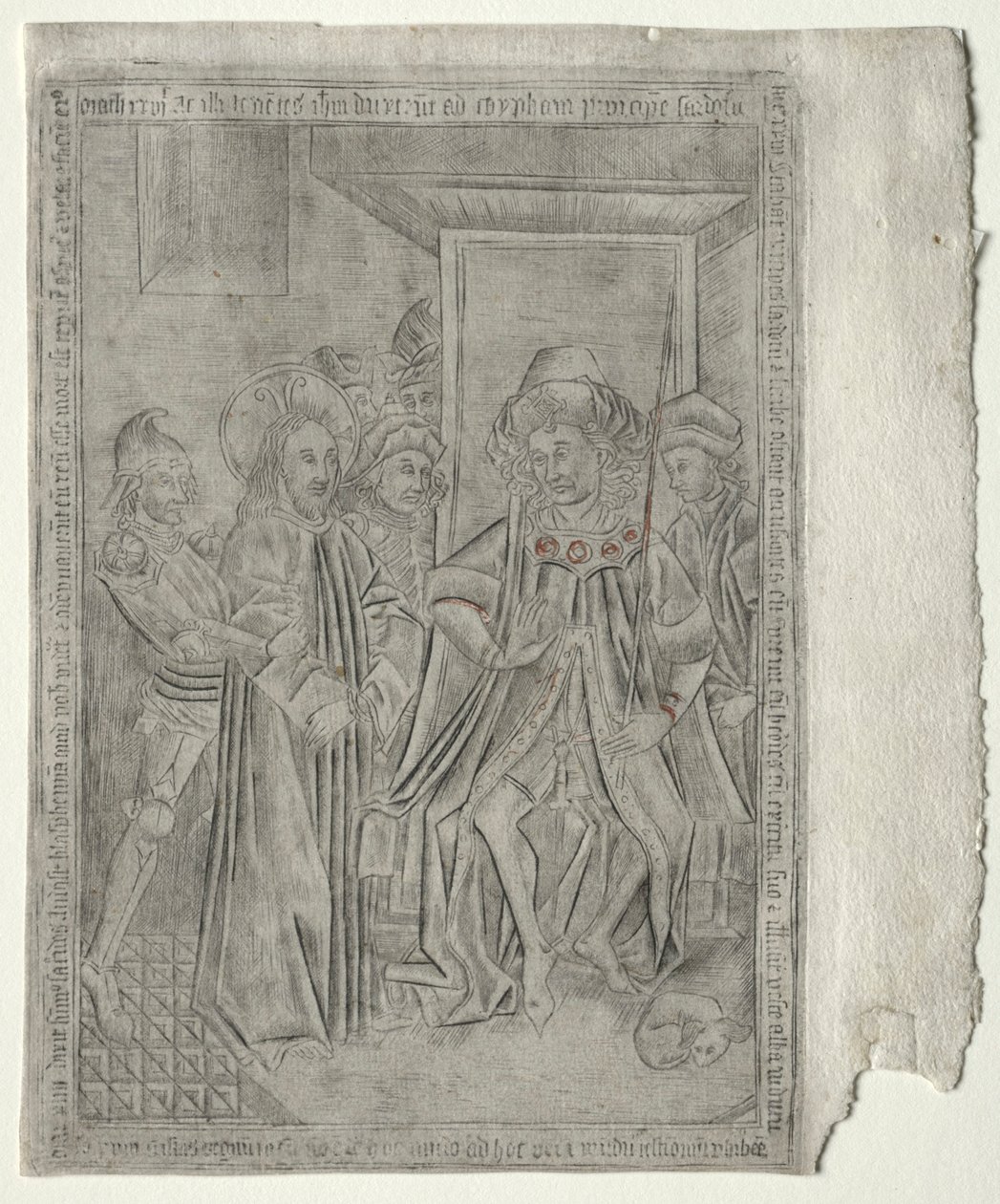 Męka Pańska:  Chrystus przed Kajfaszem autorstwa Master of the Banderoles