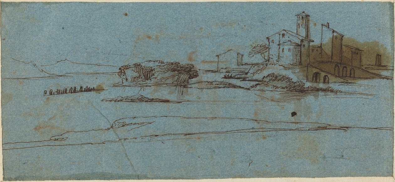 Budynki na brzegu rzeki [verso] autorstwa Master of the Blue Landscapes
