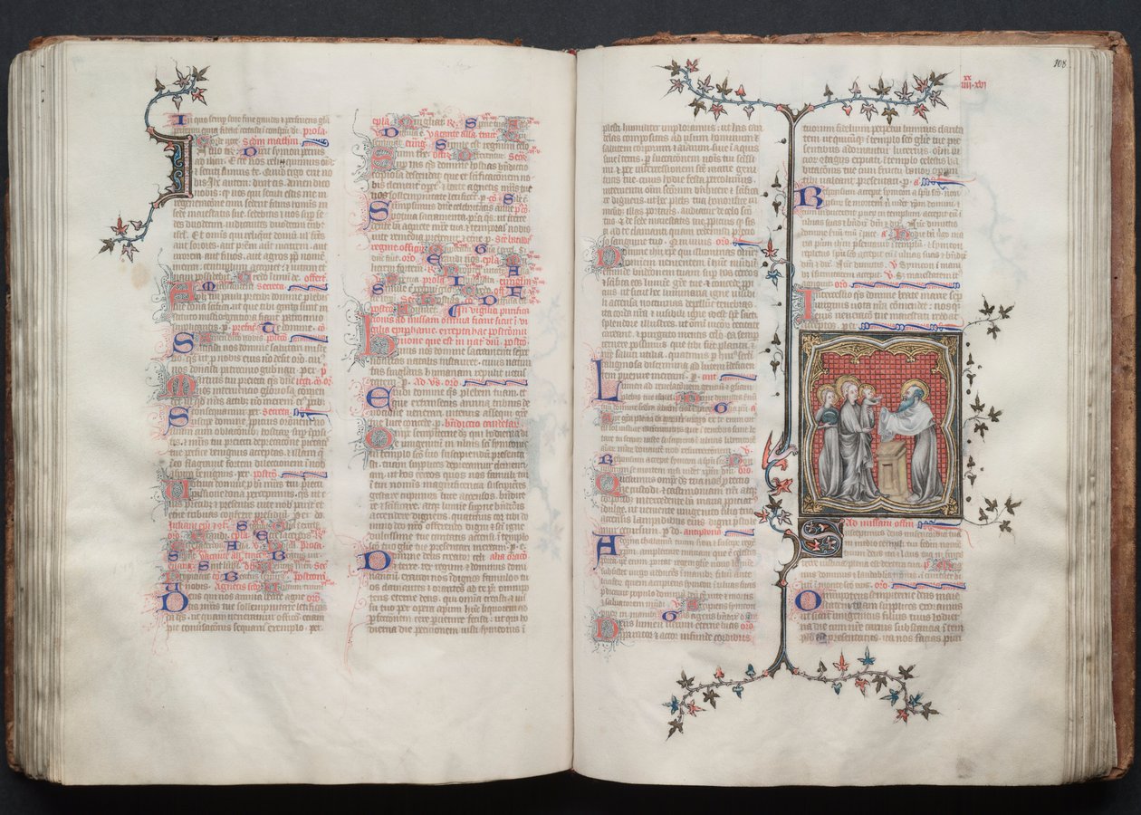 Mszał Gotha: Fol. 108r, Ofiarowanie w świątyni, c. 1375. autorstwa Master of the Boqueteaux