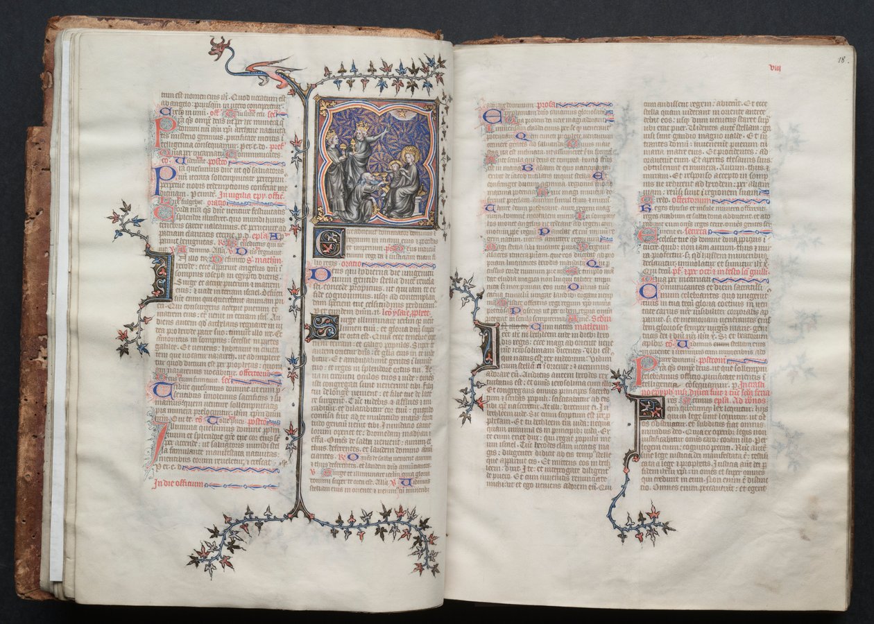 Mszał Gotha: Fol. 17v, Pokłon Trzech Króli, c. 1375. autorstwa Master of the Boqueteaux