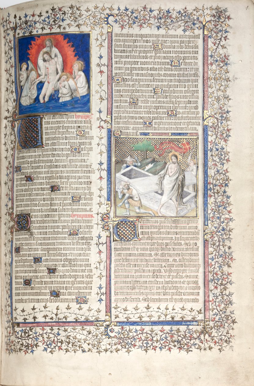 Mszał Gotha: Fol. 1r, Trójca Święta i Zmartwychwstanie, rozdz. 1375. autorstwa Master of the Boqueteaux
