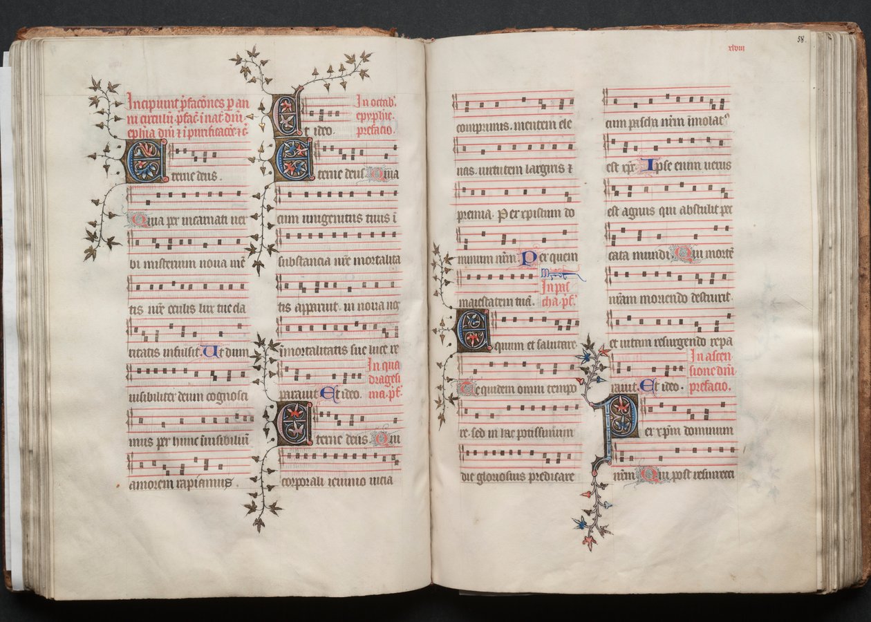 Mszał Gotha: Fol. 57v, Tekst, c. 1375. autorstwa Master of the Boqueteaux