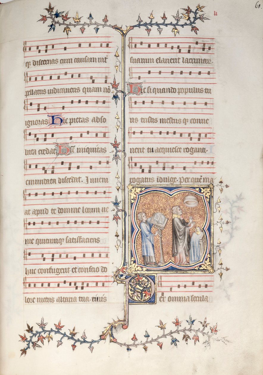 Mszał Gotha: Fol. 61r, Ksiądz śpiewający oficjum, ok. 61r. 1375. autorstwa Master of the Boqueteaux