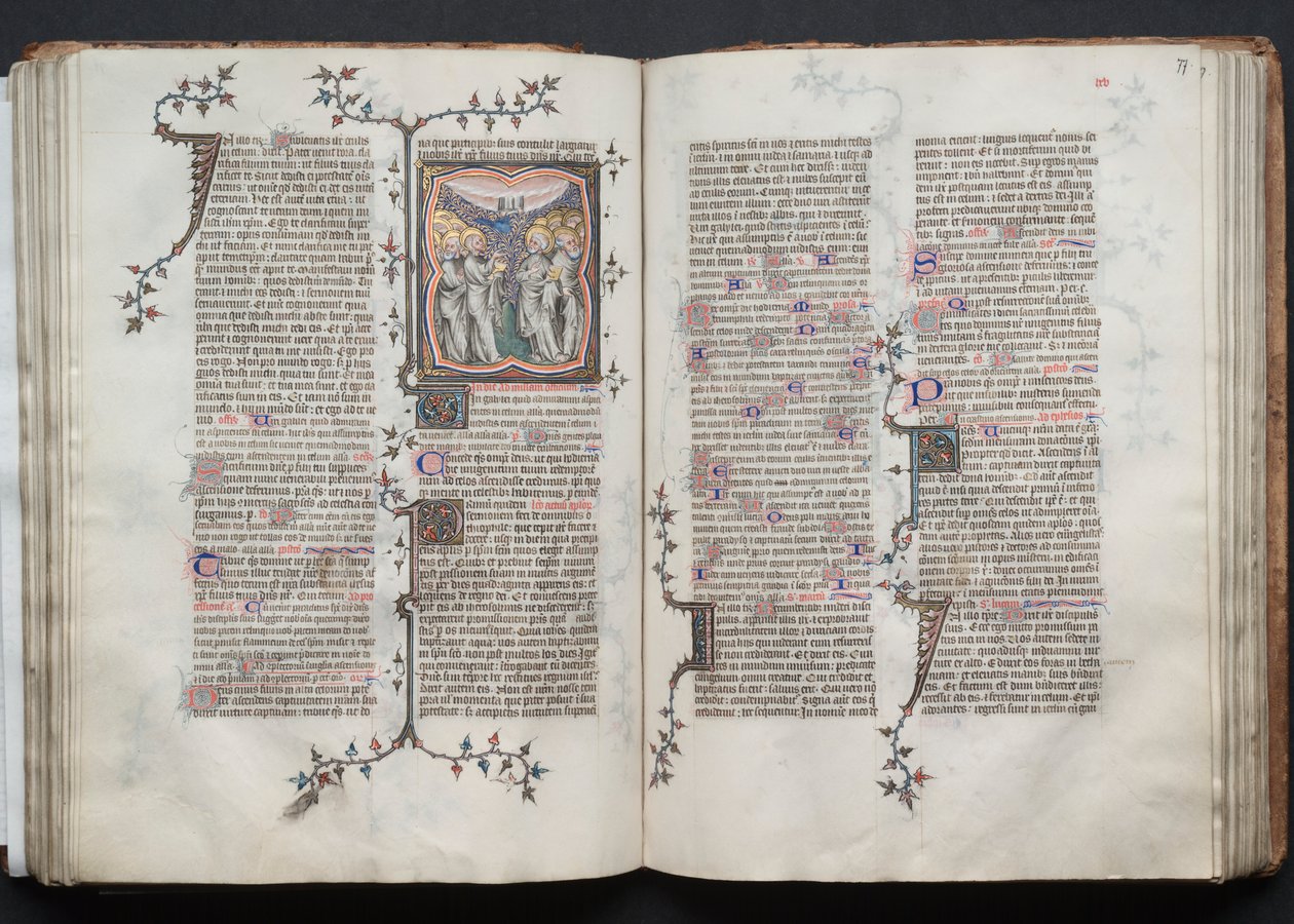 Mszał Gotha: Fol. 76v, Wniebowstąpienie, c. 1375. autorstwa Master of the Boqueteaux