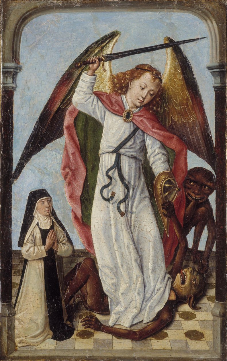 Michał walczący z demonami w obecności zakonnicy autorstwa Master of the Bruges Legend of St. Ursula