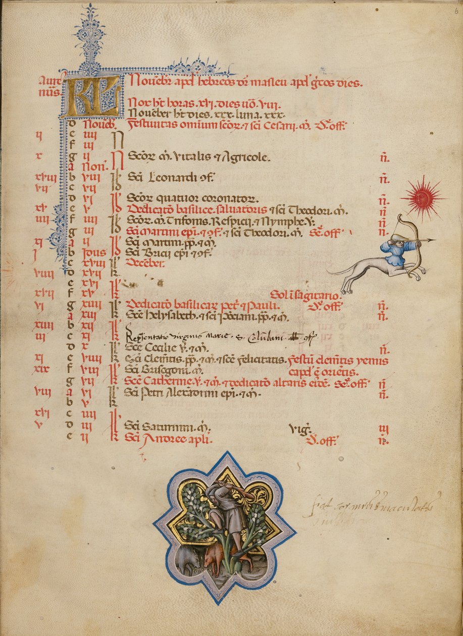 Mężczyzna strącający żołędzie z drzewa; znak zodiaku Strzelec autorstwa Master of the Brussels Initials