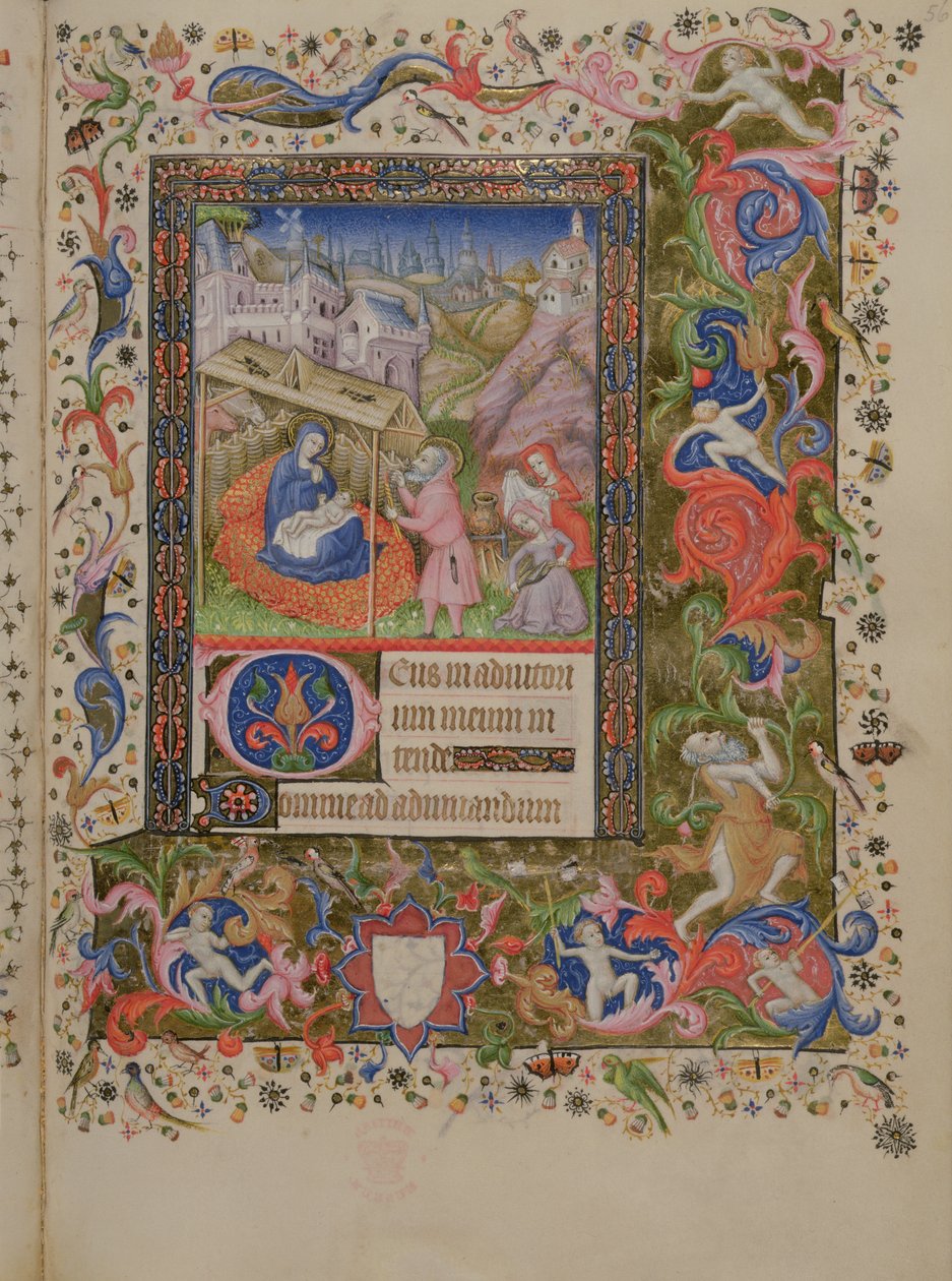 Dodaj 29433 f.56 Narodzenia, z Księgi Godzin, c.1407 (welum) (patrz także 16338 i 16339) autorstwa Master of the Brussels Initials