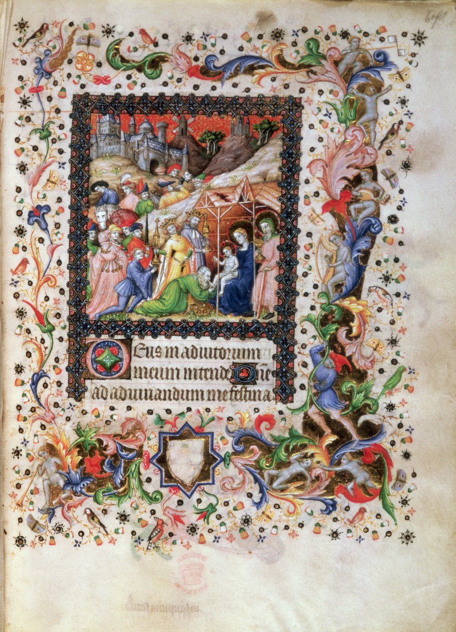 Dodaj 29433 f.67 Adoracja Dzieciątka, z Księgi Godzin, ok.1407 (welum) autorstwa Master of the Brussels Initials