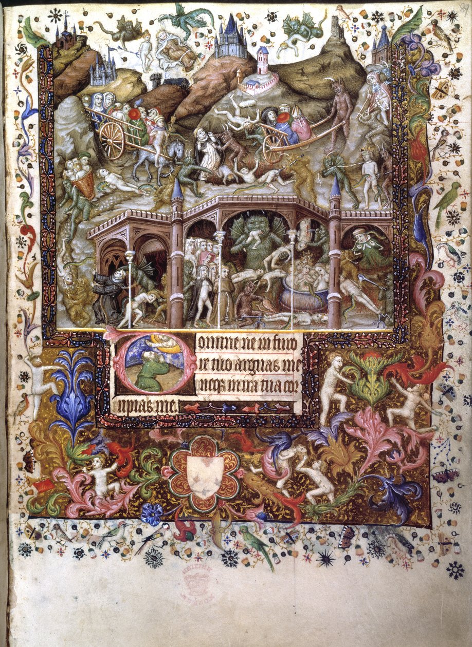 Dodać. 29433, f.89 Scena w piekle, ilustracja z „Księgi godzin”, ok.1407 (tusz i kolor na welinie) autorstwa Master of the Brussels Initials