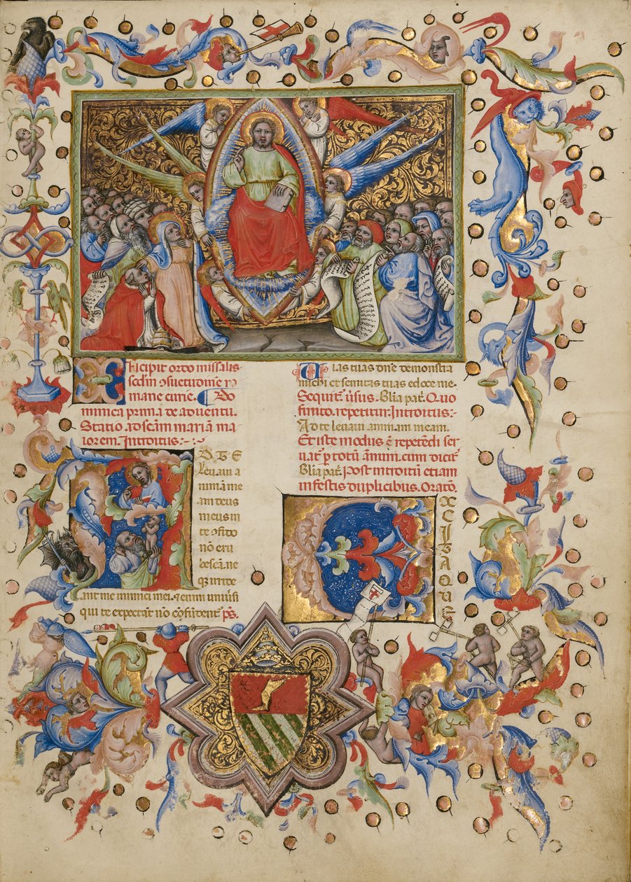 Chrystus w majestacie; Inicjał A: Człowiek wznoszący duszę do Boga autorstwa Master of the Brussels Initials