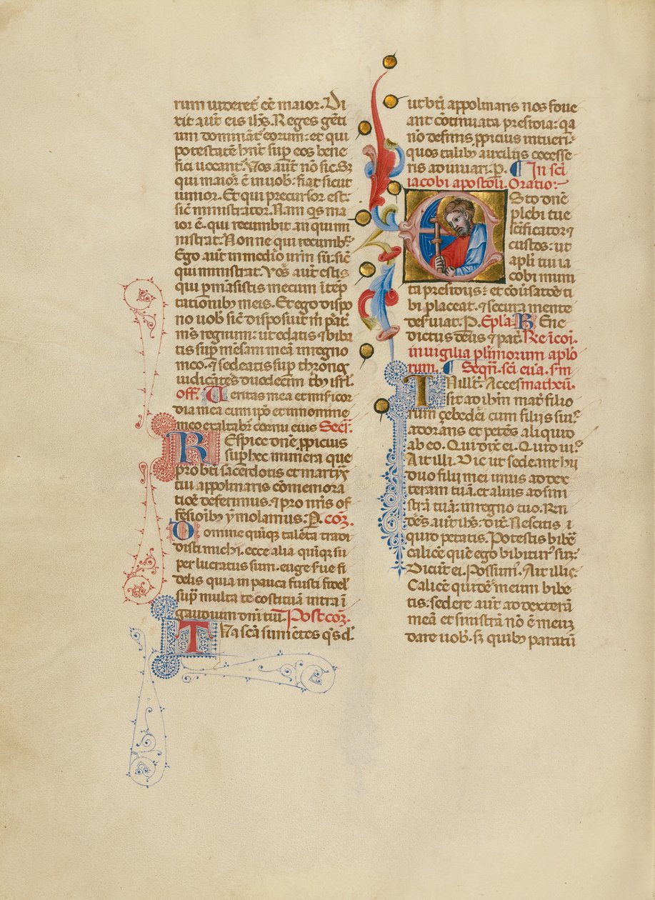 Inicjał E: Święty Jakub Większy autorstwa Master of the Brussels Initials