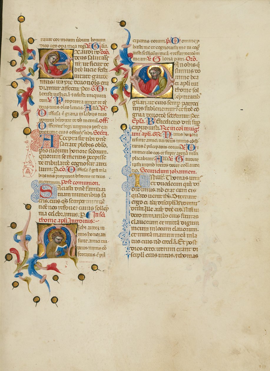 Inicjał E: Święta Łucja; Inicjał M: Święty Tomasz; Inicjał D: Święty Tomasz Kaznodziejstwo autorstwa Master of the Brussels Initials