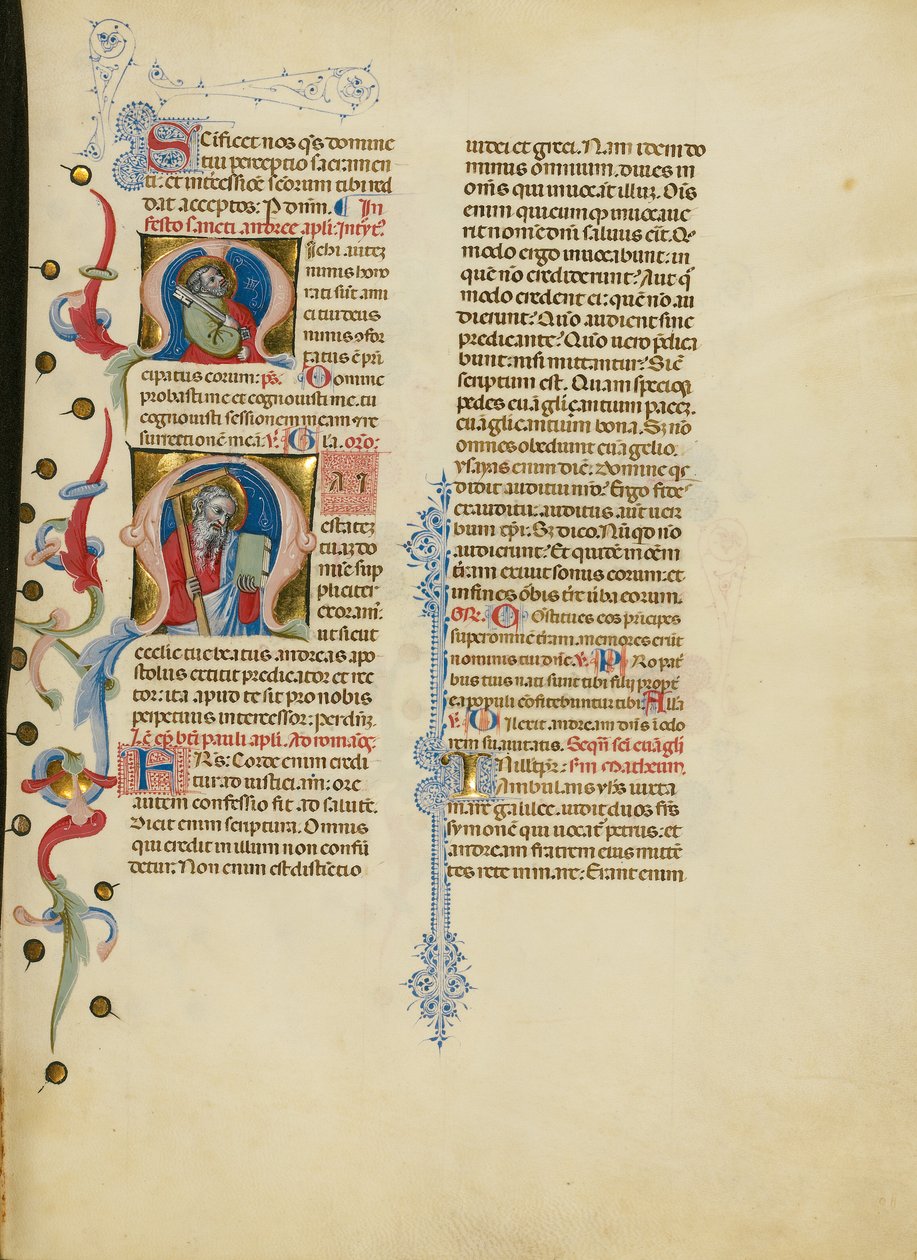 Inicjał M: Święty Piotr; Inicjał M: Święty Andrzej autorstwa Master of the Brussels Initials