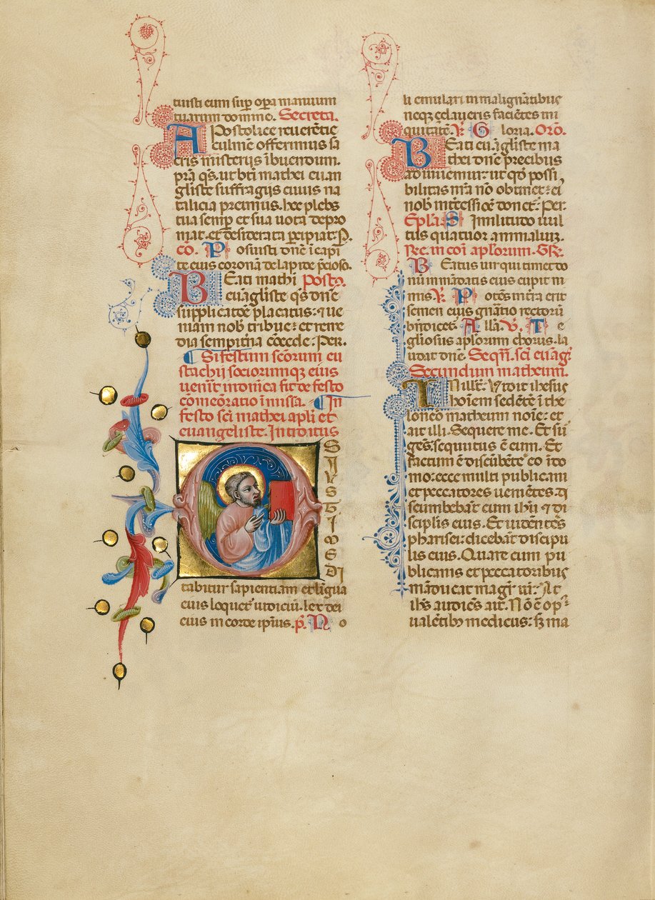 Inicjał O: Anioł Świętego Mateusza trzymający w górze Ewangelię autorstwa Master of the Brussels Initials
