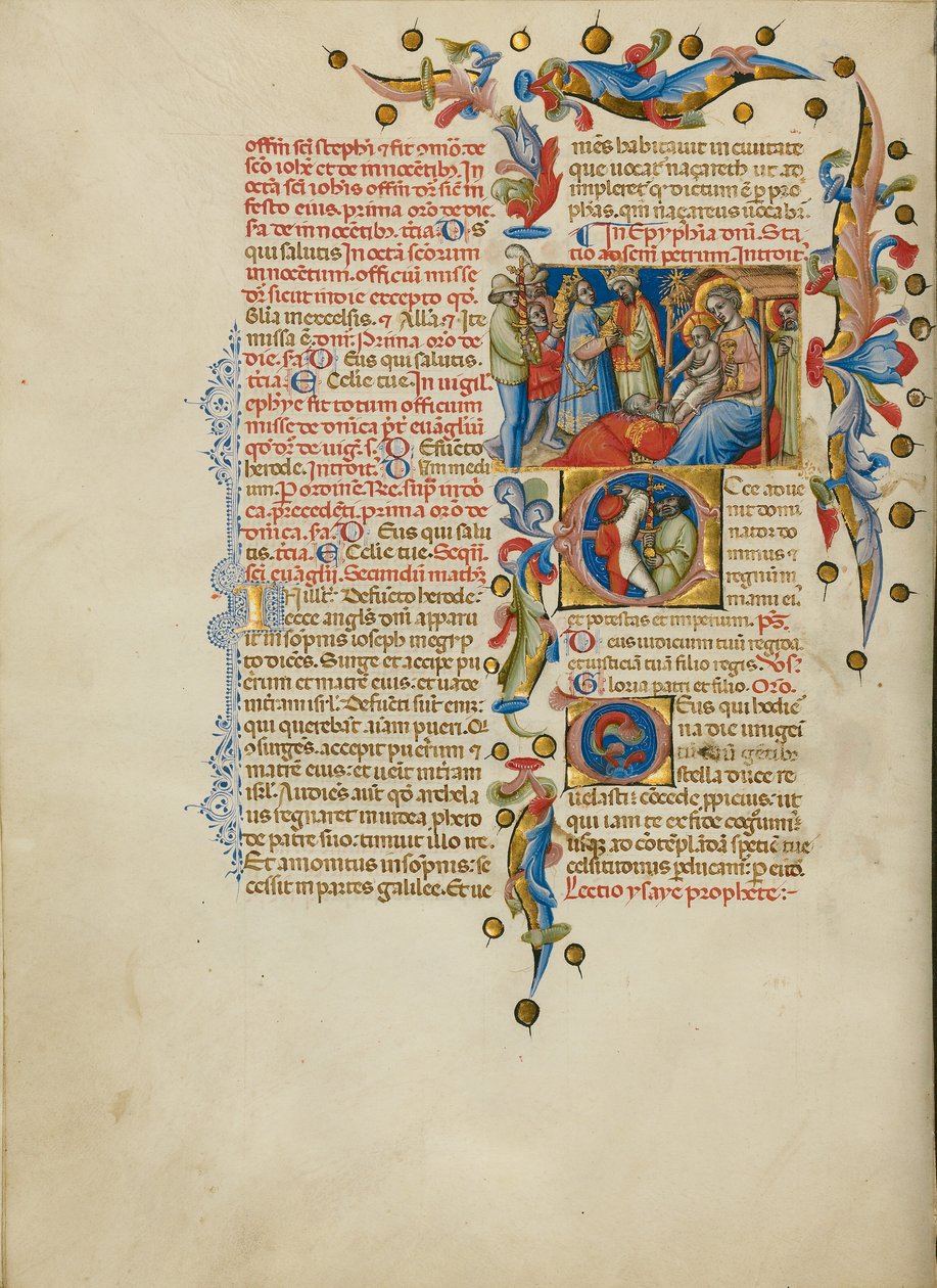 Pokłon Trzech Króli; Inicjał E: Nosiciele mieczy autorstwa Master of the Brussels Initials