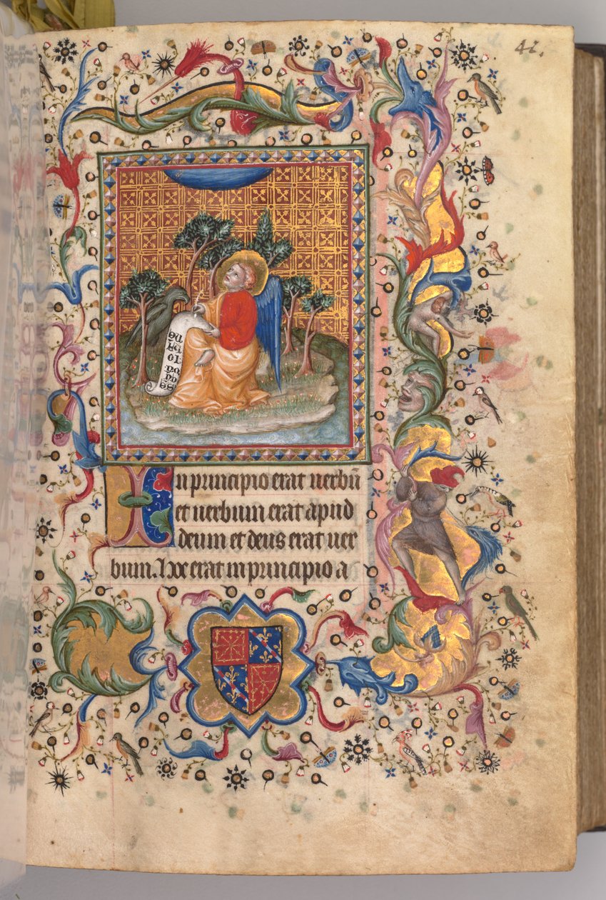 Godzinki Karola Szlachetnego, króla Nawarry (1361-1425): fol.1r, św. Jan Ewangelista autorstwa Master of the Brussels Initials and Associates