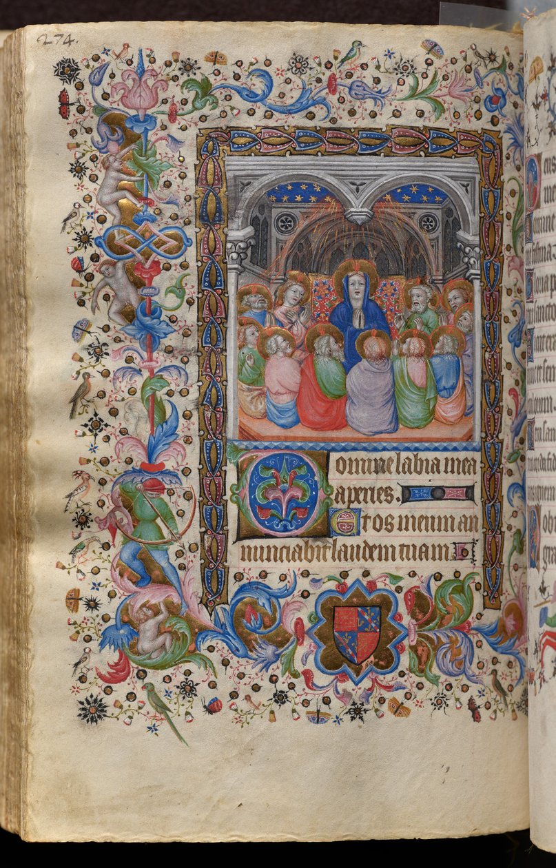 Godzinki Karola Szlachetnego, króla Nawarry (1361-1425): fol. 137v, Zesłanie Ducha Świętego autorstwa Master of the Brussels Initials and Associates