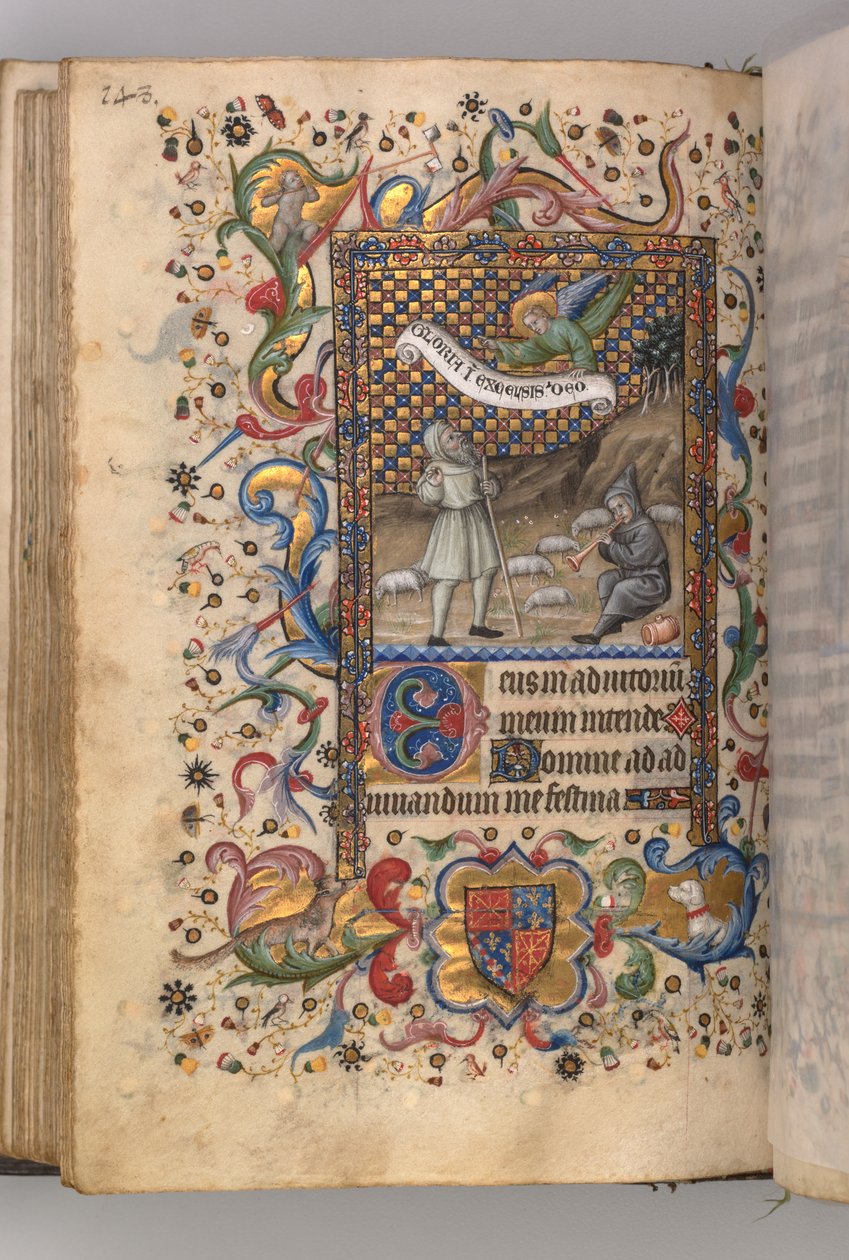 Godziny Karola Szlachetnego, króla Nawarry 1361-1425: Zwiastowanie pasterzom... verso, c1 autorstwa Master of the Brussels Initials and Associates