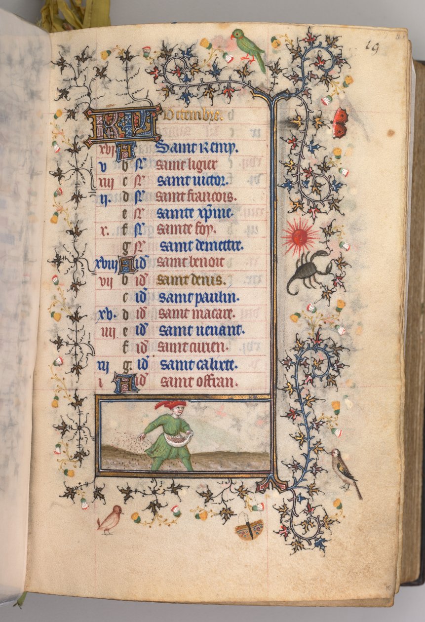 Godziny Karola Szlachetnego, króla Nawarry 1361-1425: fol. 10r, październik, ok. godz. 1405. autorstwa Master of the Brussels Initials and Associates
