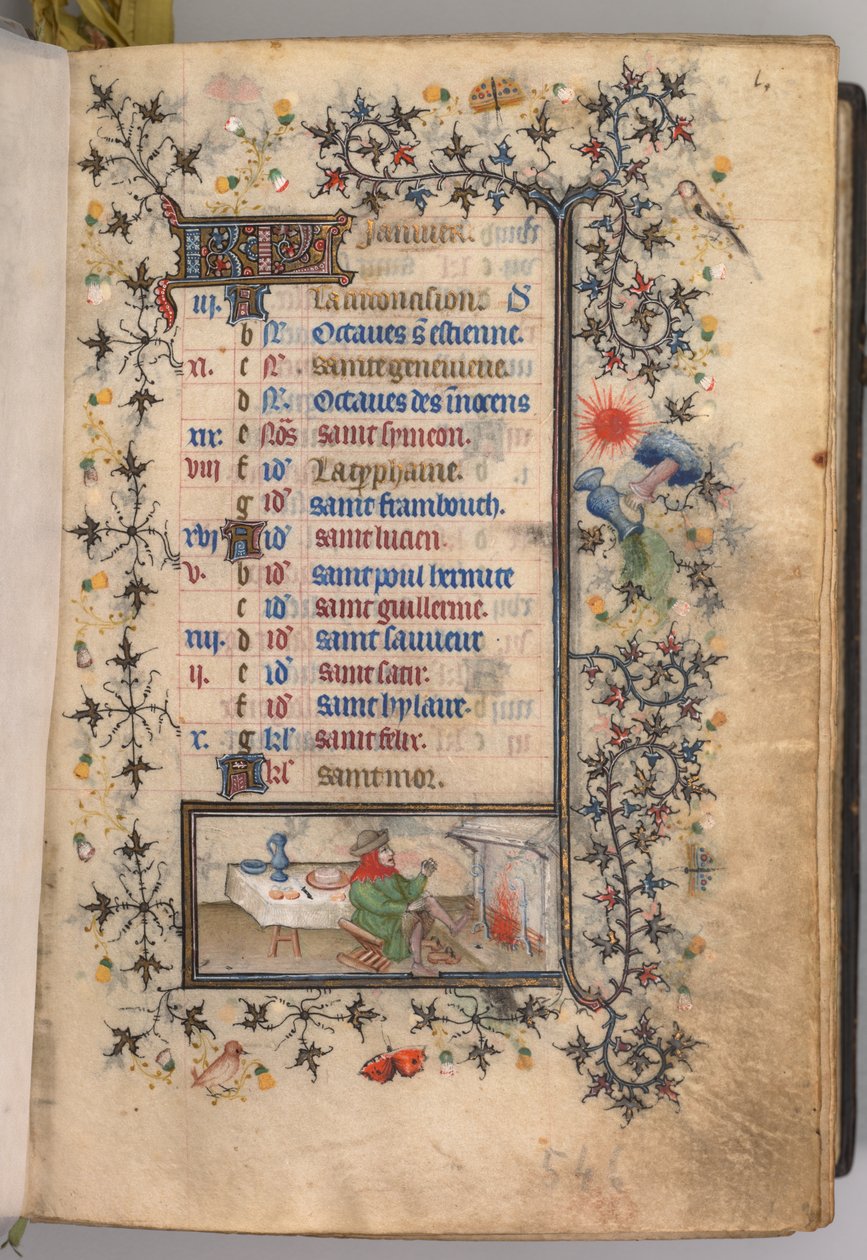 Godziny Karola Szlachetnego, króla Nawarry 1361-1425: fol. 1, styczeń, ok. godz. 1405. autorstwa Master of the Brussels Initials and Associates