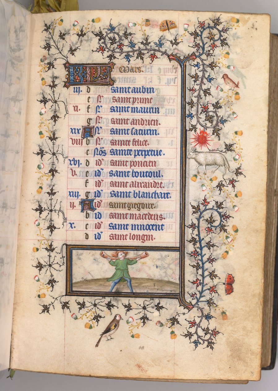Godziny Karola Szlachetnego, króla Nawarry 1361-1425: fol. 3r, marzec, ok. godz. 1405. autorstwa Master of the Brussels Initials and Associates