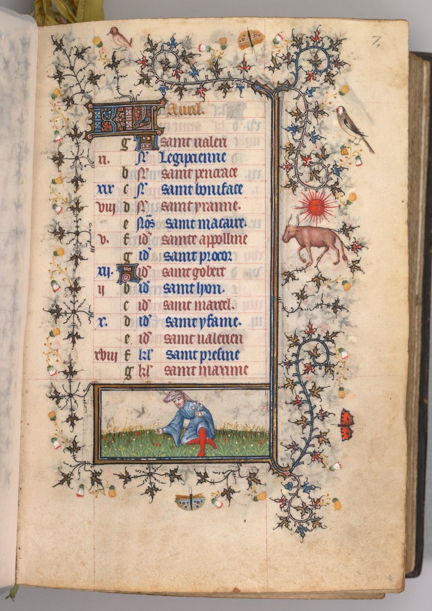 Godziny Karola Szlachetnego, króla Nawarry 1361-1425: fol. 4r, kwiecień, ok. godz. 1405. autorstwa Master of the Brussels Initials and Associates
