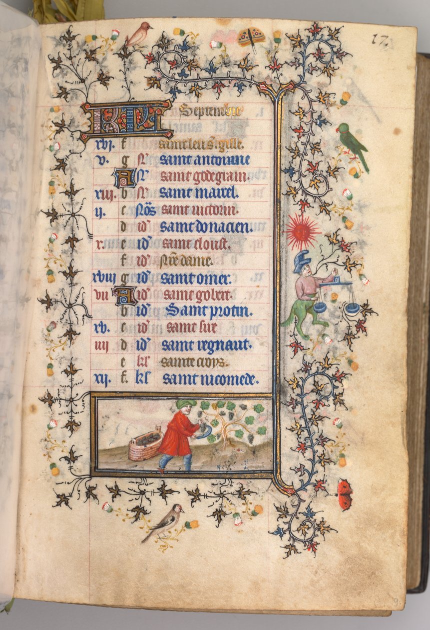 Godziny Karola Szlachetnego, króla Nawarry 1361-1425: fol. 9r, wrzesień, ok. godz. 1405. autorstwa Master of the Brussels Initials and Associates