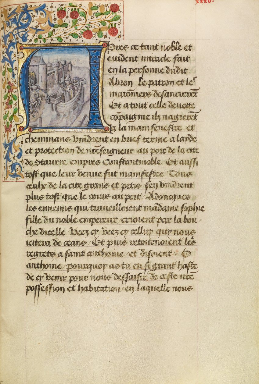 Inicjał A: Przybycie statków do Konstantynopola autorstwa Master of the Brussels Romuléon