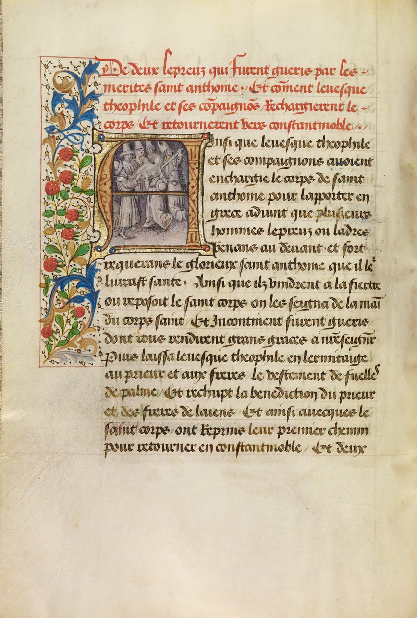 Inicjał A: Ciało świętego Antoniego przewiezione do Konstantynopola i uzdrowienie dwóch trędowatych po dotknięciu ciała świętego autorstwa Master of the Brussels Romuléon