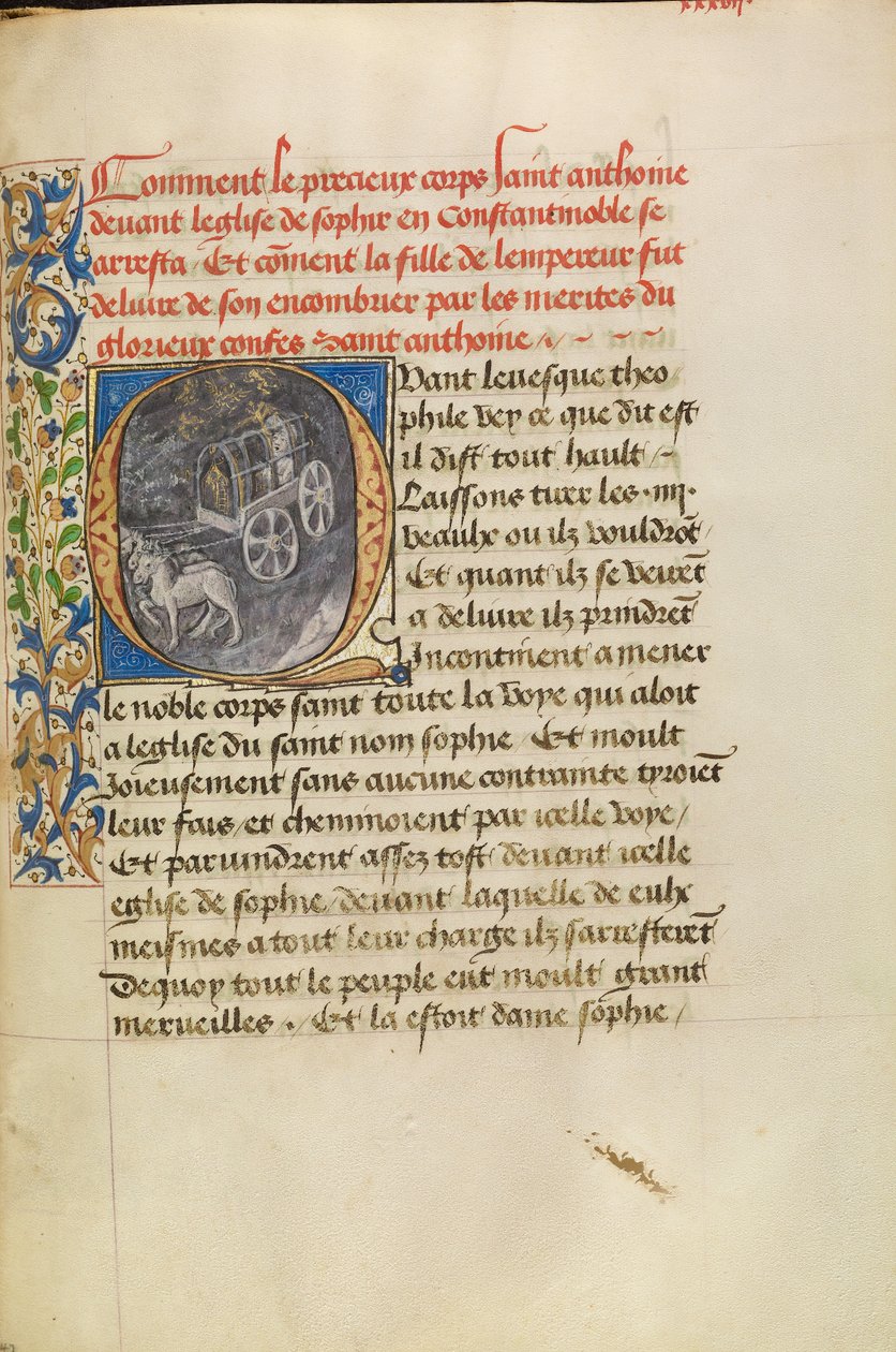 Initial Q: Sanktuarium relikwii świętego Antoniego przybywające do kościoła w Konstantynopolu i uzdrowienie córki cesarza autorstwa Master of the Brussels Romuléon