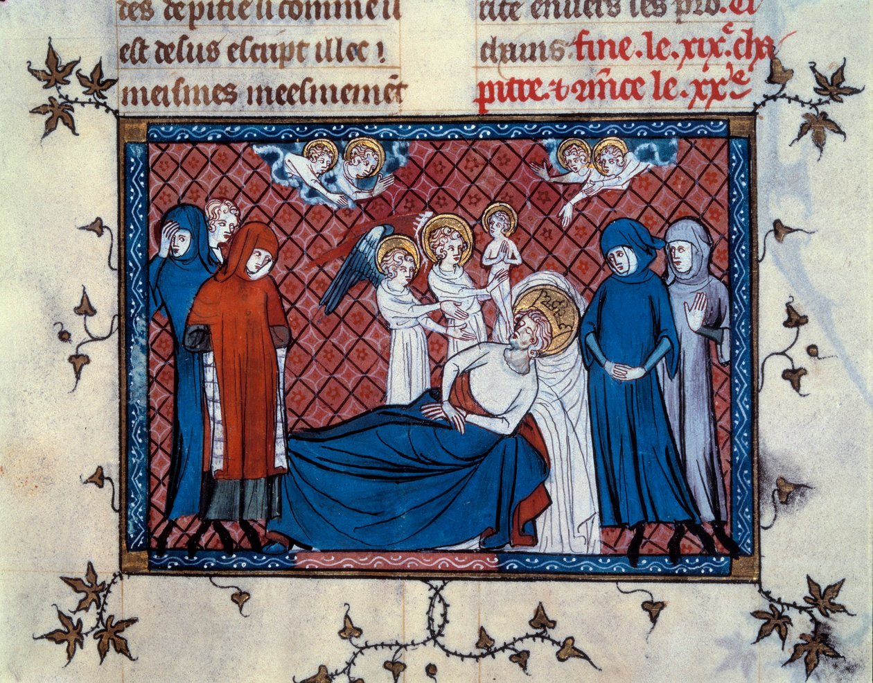 Śmierć św. Ludwika w Tunisie 25 sierpnia 1270 r. miniatura z rękopisu „Życie i cuda św. Ludwika” (str. 277), zinluminowana przez Mahieta i napisana przez Wilhelma z Saint-Pathus autorstwa Master of the Cambrai Missal Mahiet