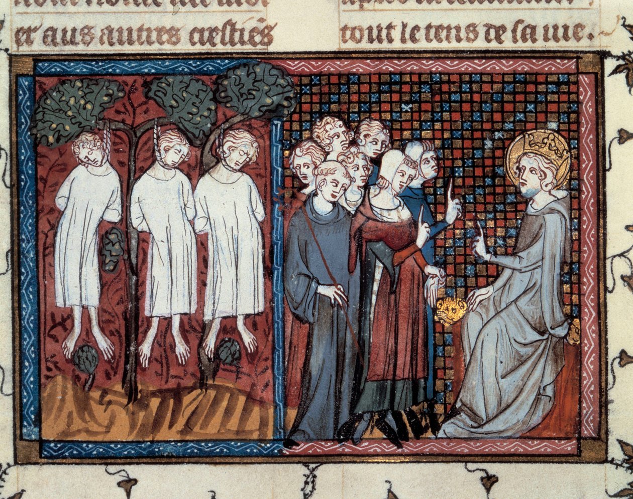 Egzekucje zlecone przez Enguerranda IV de Coucy. Ludwik IX wymierza sprawiedliwość. Miniatura Mahieta w „Życie i cuda św. Ludwika””, rękopis Guillaume De Saint Pathus autorstwa Master of the Cambrai Missal Mahiet