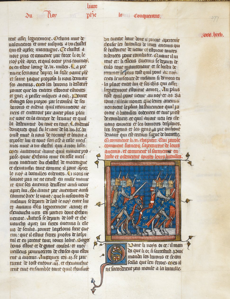 Royal 16 G. VI, f.377 armia francuska w marszu do Bouvines, z „Les Grandes Chroniques de France”, ok. 1332-50 (atrament, kolor i złoto na welinie) autorstwa Master of the Cambrai Missal Mahiet