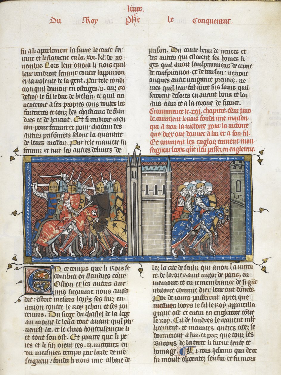 Royal 16 G. VI f.385 Bitwa z Janem, królem Anglii i Ludwikiem VIII w marszu, z „Les Grandes Chroniques de France”, ok. 1332-50 (atrament, kolor i złoto na welinie) autorstwa Master of the Cambrai Missal Mahiet