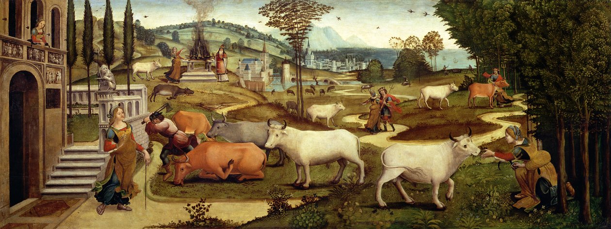 Pasje Pasiphae, żony króla Minosa z Krety, z Historii Tezeusza (olej na desce) autorstwa Master of the Campana Cassoni